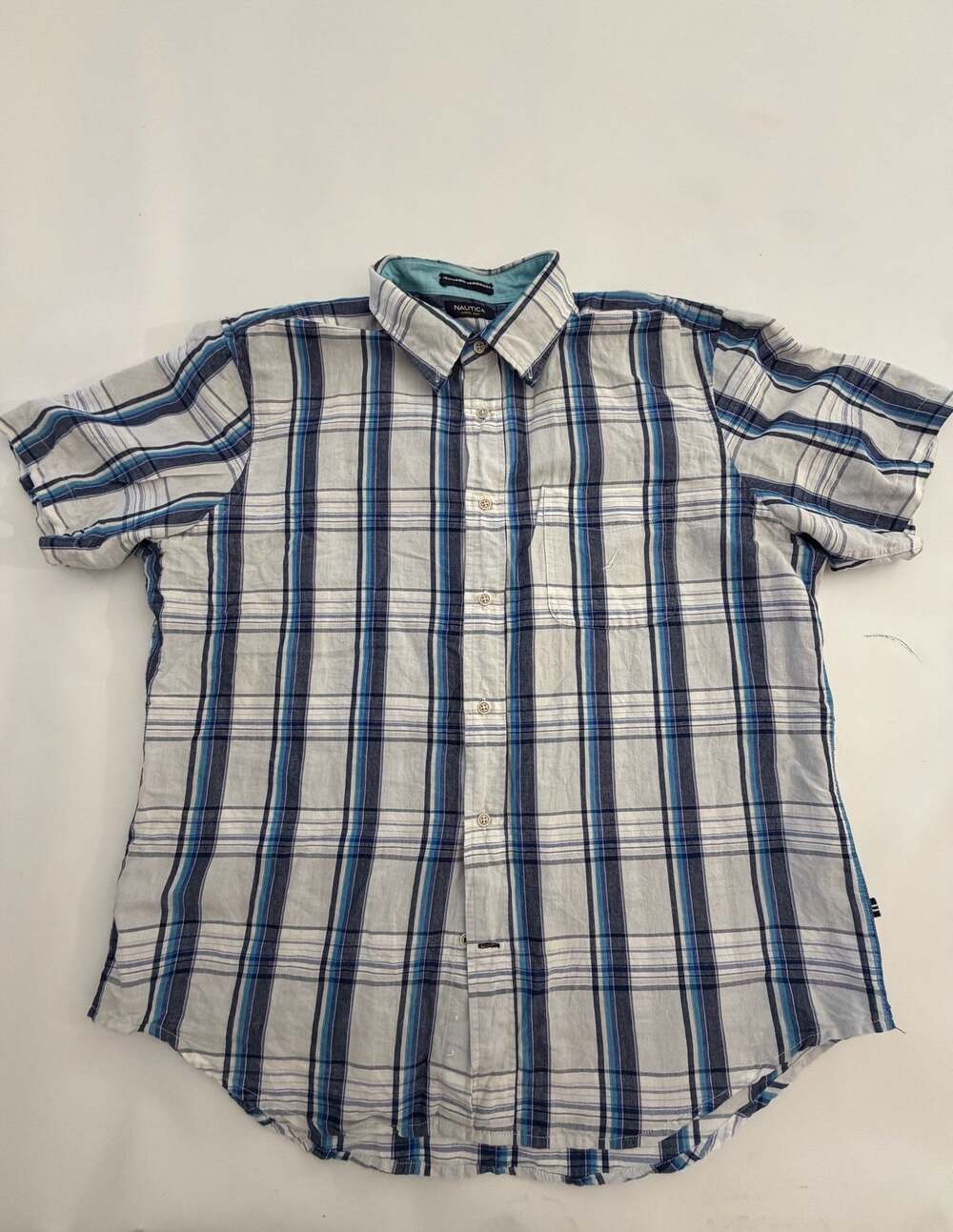 Nautica Blue Plaid Short Sleeve Shirt XL Classic Fit Ramie Cotton Y2K